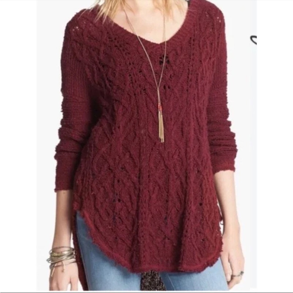 Free People Crotchet Burgandy Tunic Sweater Size Small